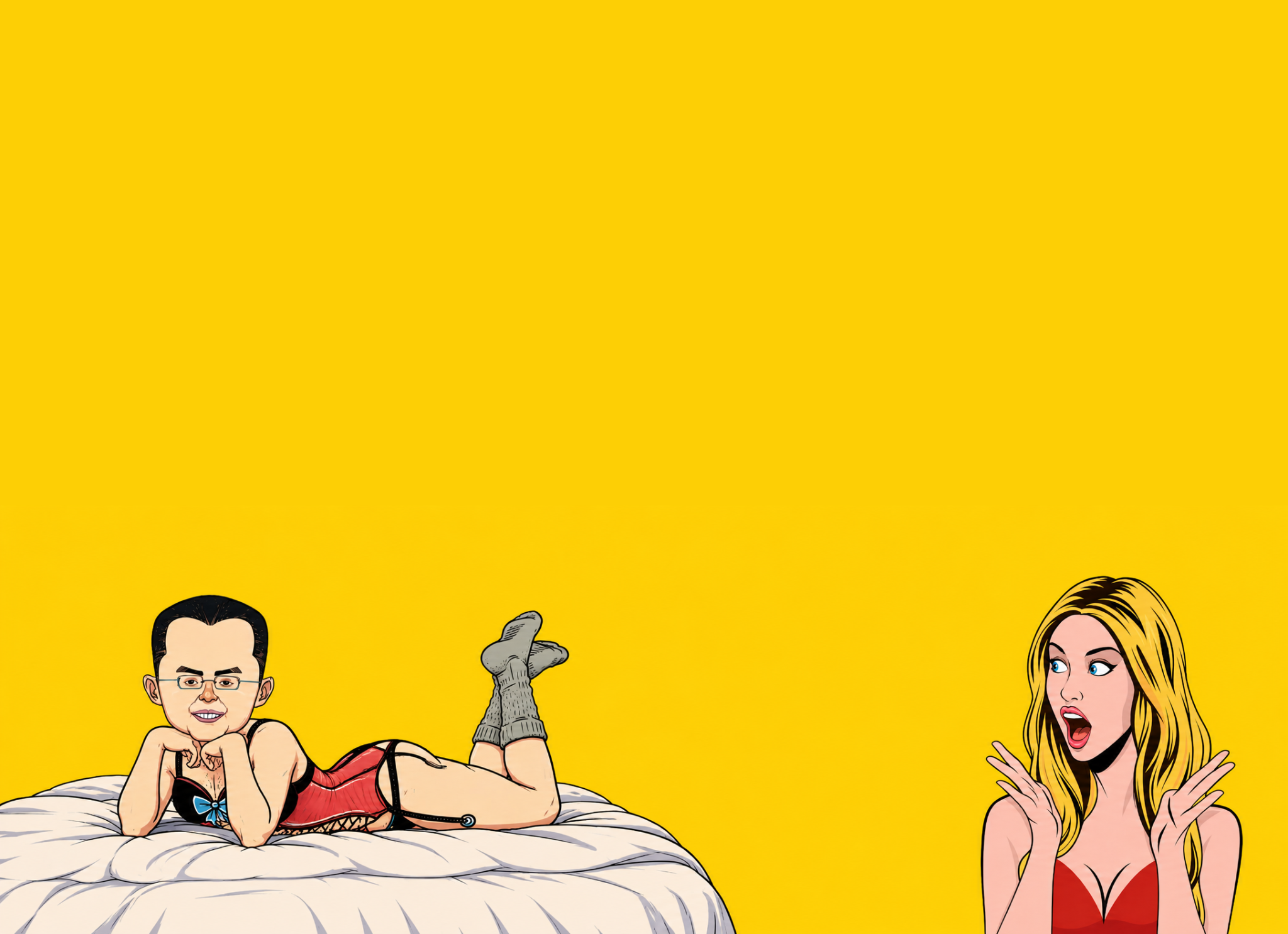 SISSY posing on a bed in a red outfit while a blonde cartoon character reacts in surprise.